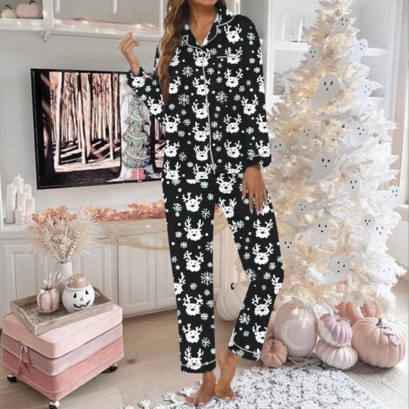 FASHOFT Christmas Pajamas for Women Set Cute Xmas Print Long Sleeve Button up Shirts and Pants 2 Piece Christmas Pjs Soft Holiday Sleepwear Loungewear L