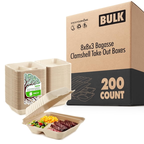 Clamshell Take Out Food Containers 8x8 Inch (200 Pack) – 3-Compartment Commercially Compostable Meal Prep Boxes with Lids