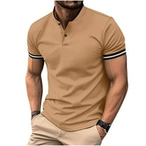 VSSSJ Men's Short Sleeve Golf Shirts Summer Casual Band Collar Button Up Tops Muscle Solid Color Classic Workout Tennis Tee Shirt Khaki XL