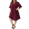 thumbnail image 4 of Agnes Orinda Women's Plus Size Chiffon Dresses Notch V Neck Bell Short Sleeve Pleated Summer Casual Midi Dresses with Pockets 1X Burgundy, 4 of 6