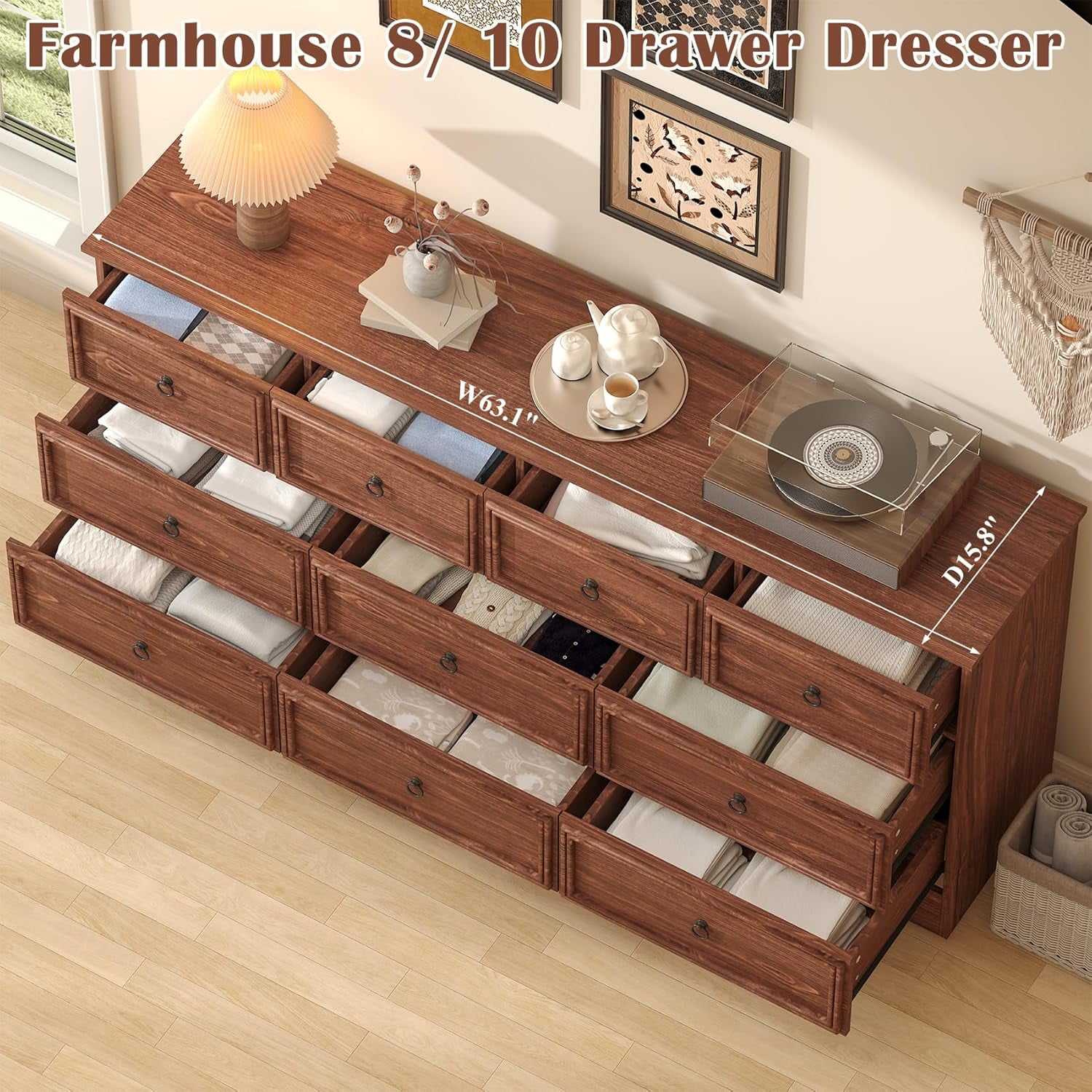 Meteorleg Farmhouse 10 Drawer Dresser for Bedroom – 63'' Long Dresser Wood Chest of Drawers,TV Stand for 75 inch TV, Storage Organizer Furniture, Hallway, Entryway, Closet, Cherry