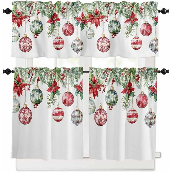 Christmas Kitchen Curtains and Valances Set, Rod Pocket Curtains Tier Farmhouse Window Curtains 36 Inch Length, Winter Poinsettia Green Pine Leaves Ball 3 Piece Kitchen Curtains Set