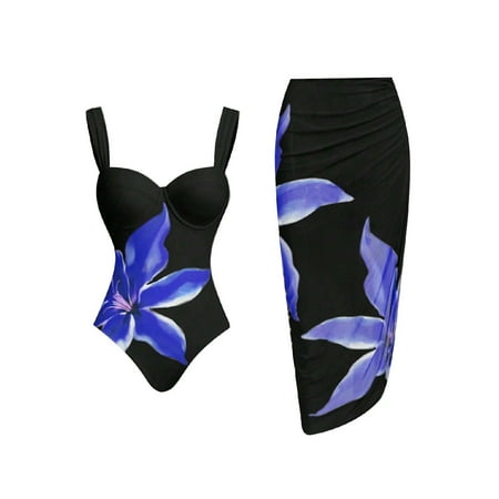 Women One Piece Swimsuit with Beach Cover up Sarong Retro Floral Sexy Bikini Sets Two Piece Bathing Suit