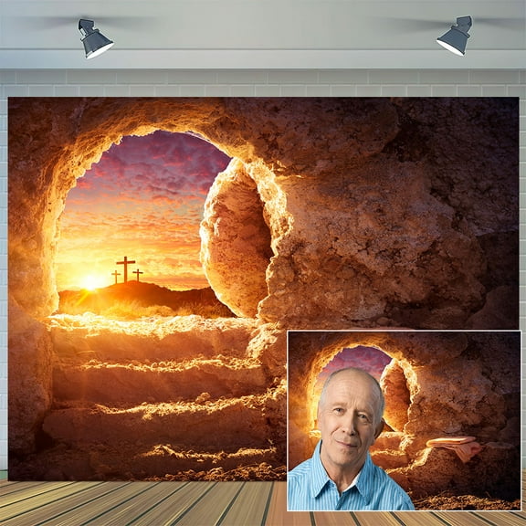 4 x 4 ft Easter Jesus Christ Cross Backdrop Empty Tomb Stone Cave Shroud Sunrise Holy Bible Resurrection of Jesus Christ Photography Background Lord Pray Church Events Banner Decorations Studio Props