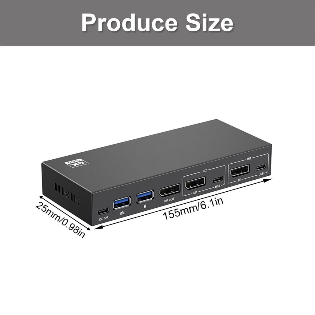 DisplayPort KVM 2 In 1 Out Switcher USB Selector for PC Share Monitors Mouse