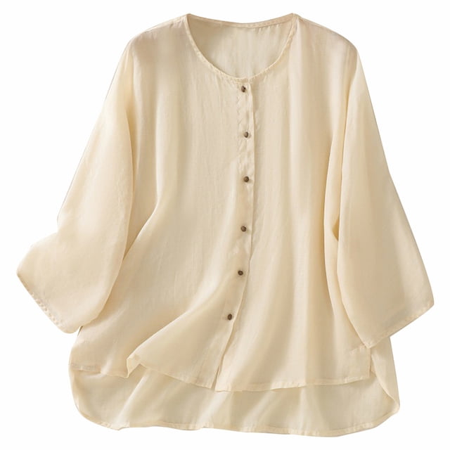 Timegard Hauts pour Femmes Col Rond Manches Longues Boutonné Tee Léger Décontracté Ample Fluide