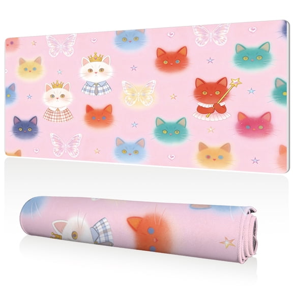 LIVEKEY Extra Large Mouse Pad Cute Cats and Butterflies 80x40x0.3cm Full Desk Coverage Non Slip Surface Durable Easy Clean Stitched Edges for Gaming and Office