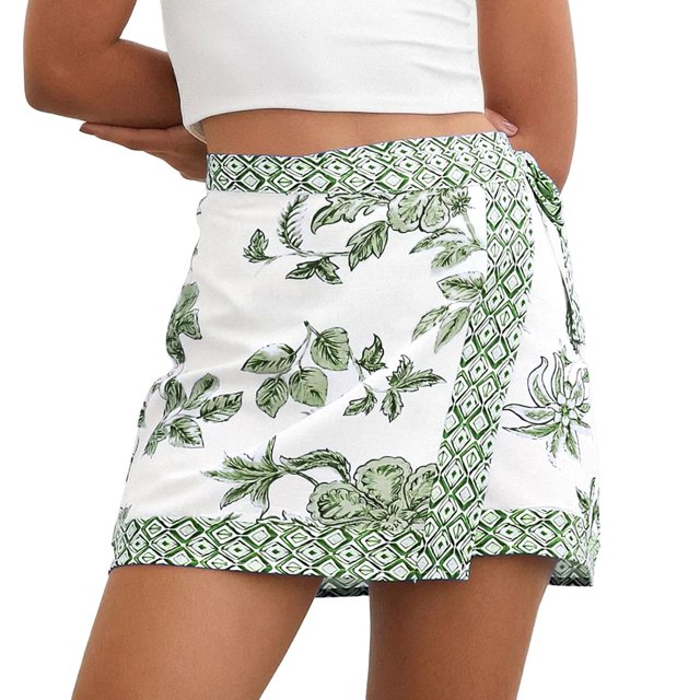 Minifalda Talakeno con estampado floral, color verde playa, verano, playa, para mujer