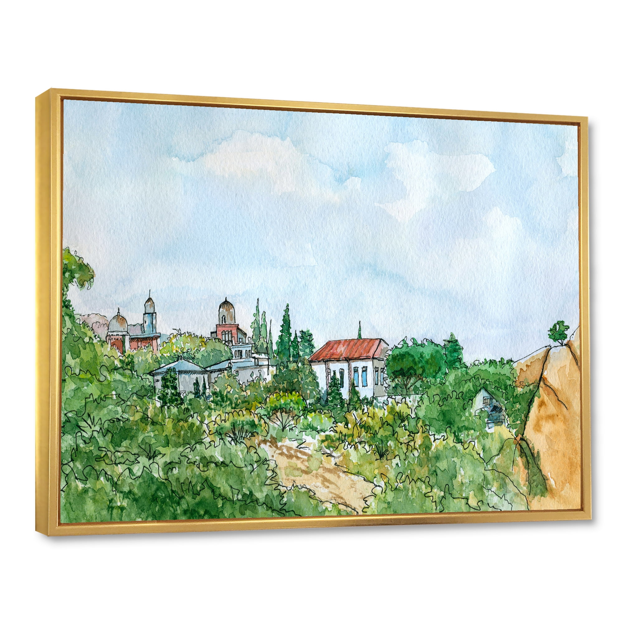 Designart 'White House With Red Roof In The Lush Green Countryside' Traditional Framed Canvas Wall Art Print