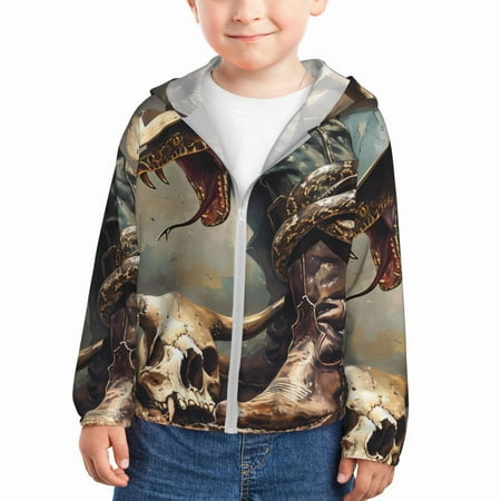 

Goofa Western Cowboy Snake Ram Skull Printed Kids Zip-Up Hoodie Girls Boys UPF50+ Sun Protection Jacket Hooded Cooling Shirt-4 Years