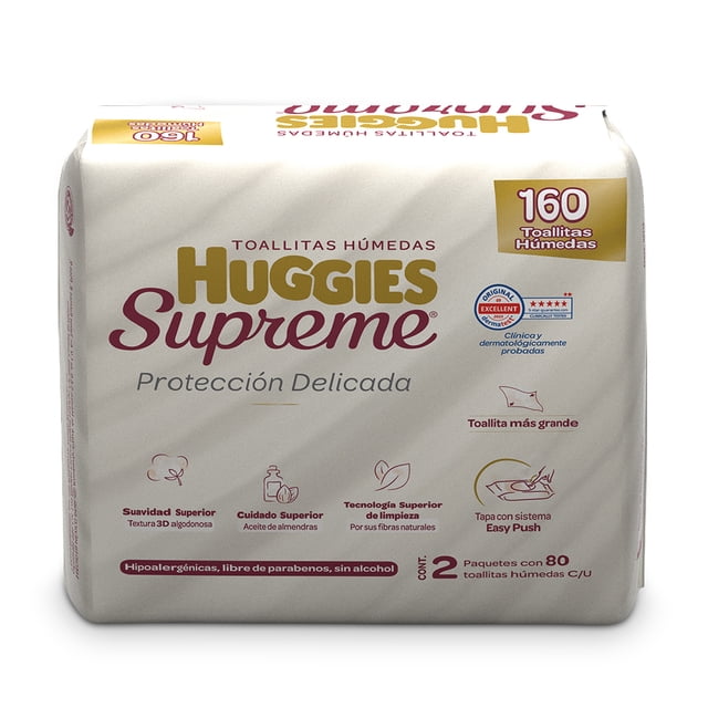 Toallitas húmedas Huggies Supreme protección delicada 2 paquetes con 80 pzas c/u
