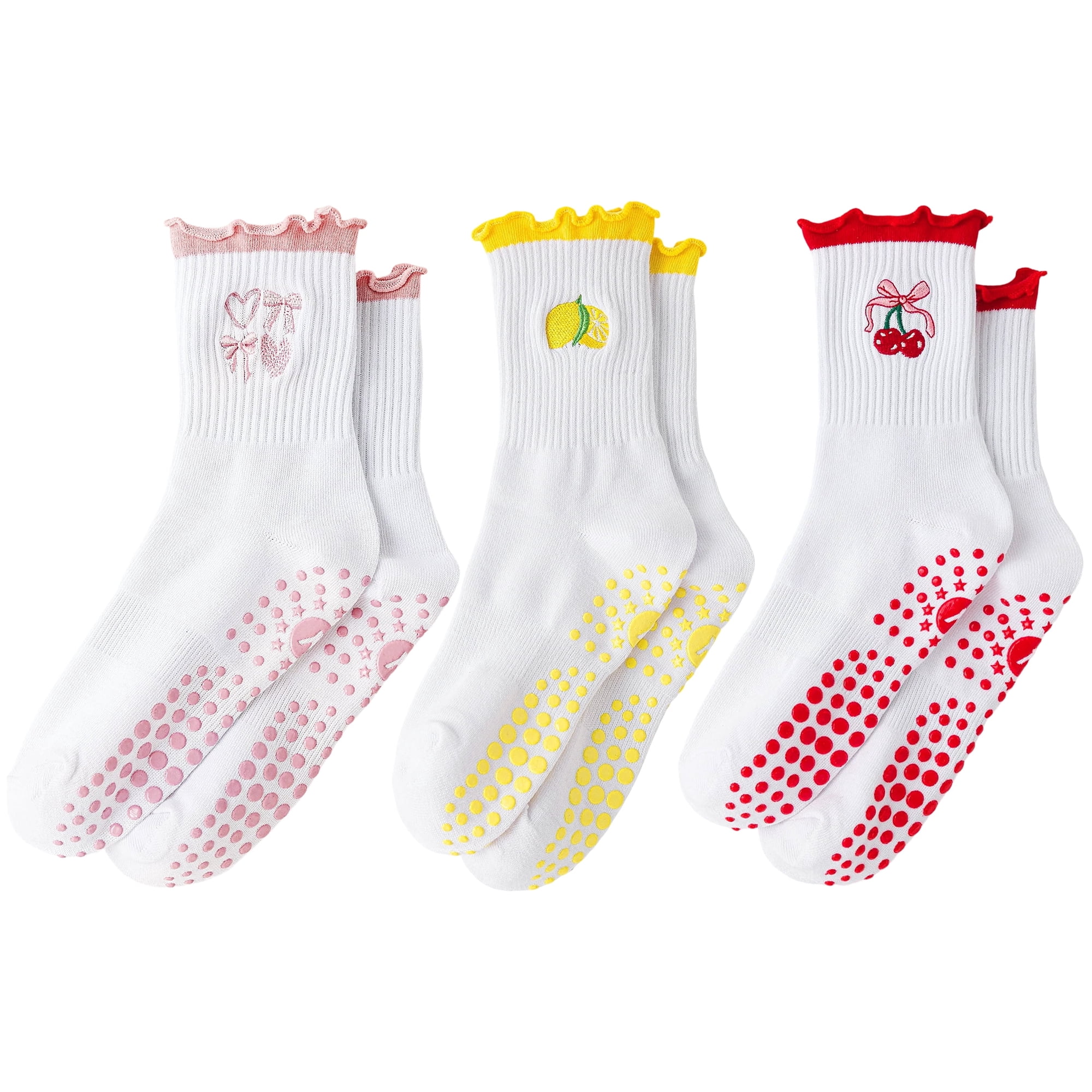 Yawlsow Pilates Grip Socks for Women, 3 Pairs Non Slip Yoga Socks with Ruffle Cuff Embroidery for Barre Ballet Workout, US Size 5-10