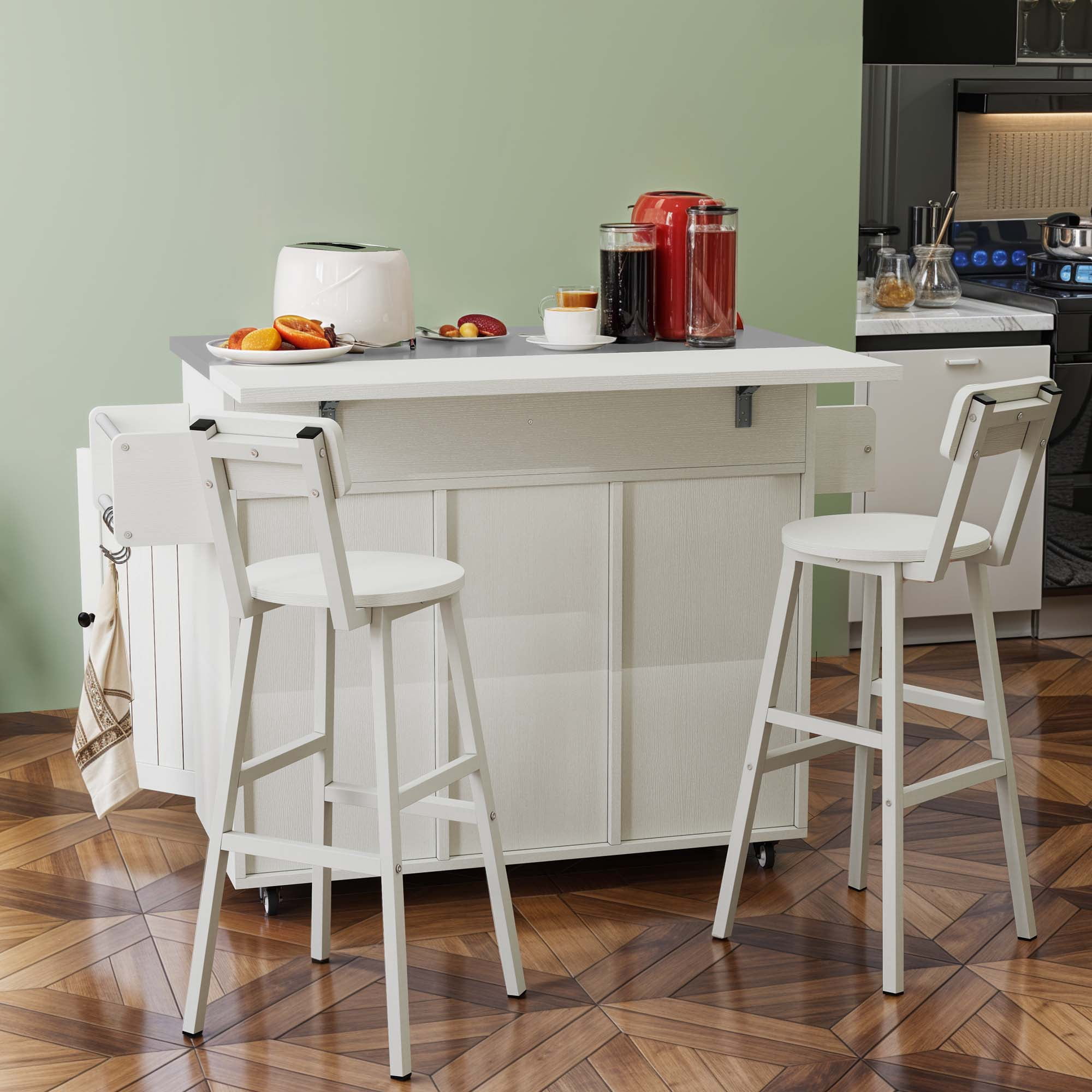 Uforic Modern Kitchen Island Table with 2 Chairs, Kitchen Island with Wheels & Large Storage, White