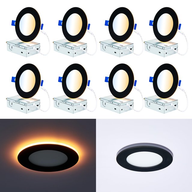 CycevSun Black Pot Lights LED 4 Inch Recessed Lighting with Night Light, Dimmable & 5CCT Selectable Slim Wafer Downlight, 9W, cETL, IC & Wet Rated, 8