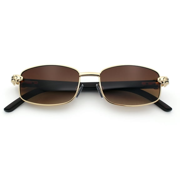 Luxury 90s Gangster Narrow Rectangle Jaguar Head Hinge Sunglasses Gold - Brown