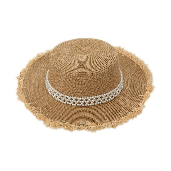 56-58cm hat circumference women's straw hat summer sunshade sunscreen seaside pearl big brim sun hat - Khaki