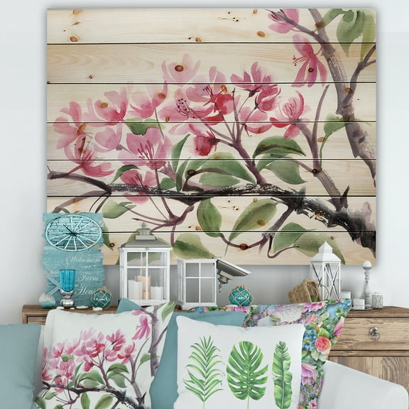 Designart 'Pink Blossoming Floral Tree' Traditional Print on Natural Pine Wood