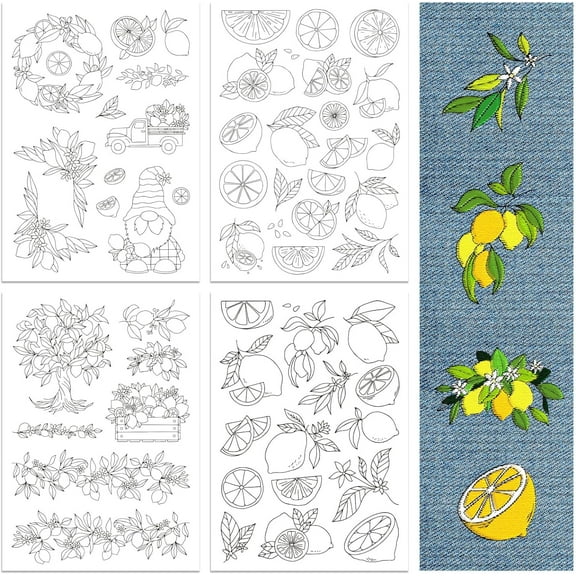 Water Soluble Embroidery Patterns for Beginners 4 Sheets with 55pcs Lemon Fruit Patterns Wash Away Embroidery Pattern Stabilizer for Hand Sewing Lover Women Adults colorful
