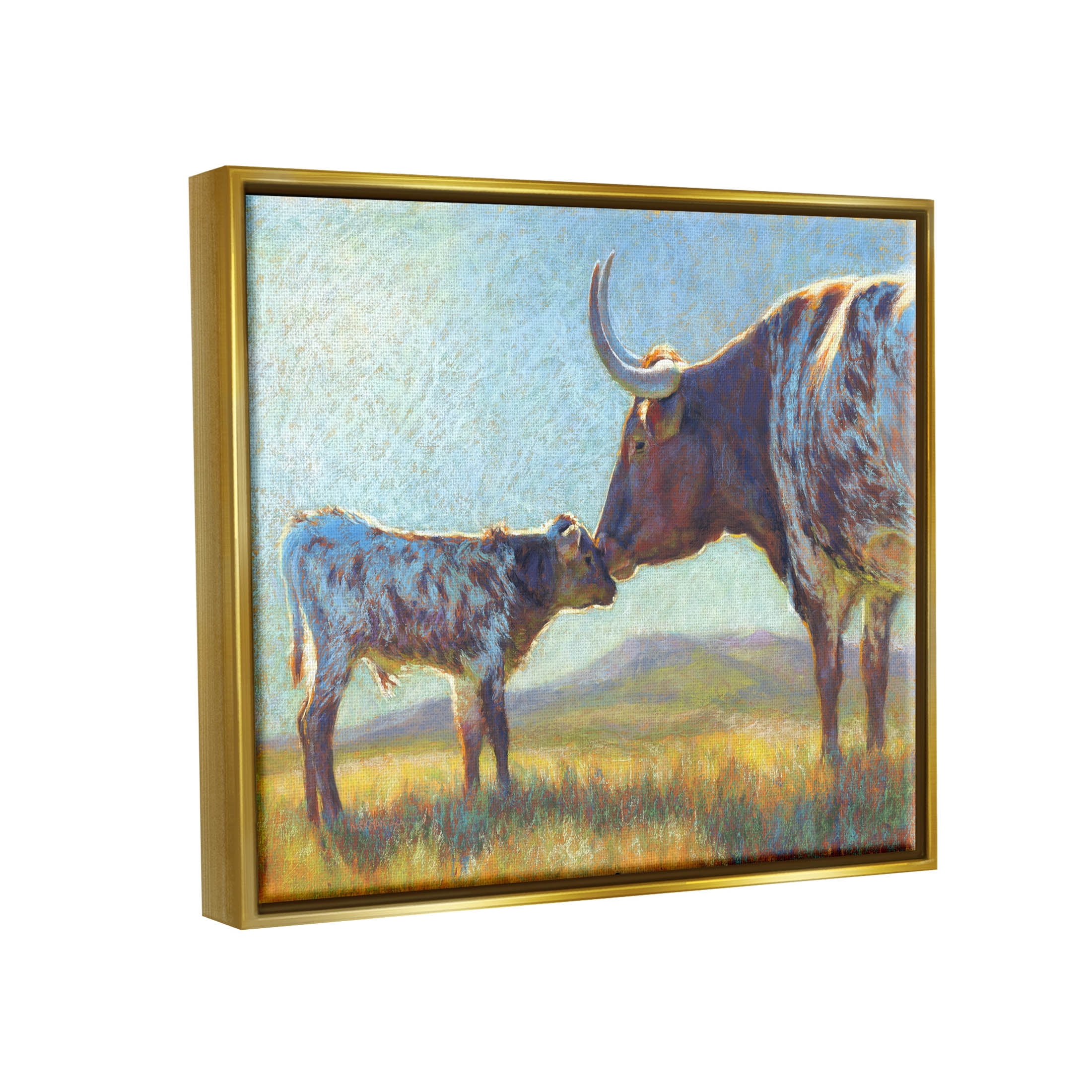 Mother Cattle Calf Sunlit Farm Animals & Insects Painting Metallic Gold Framed Art Print Wall Art