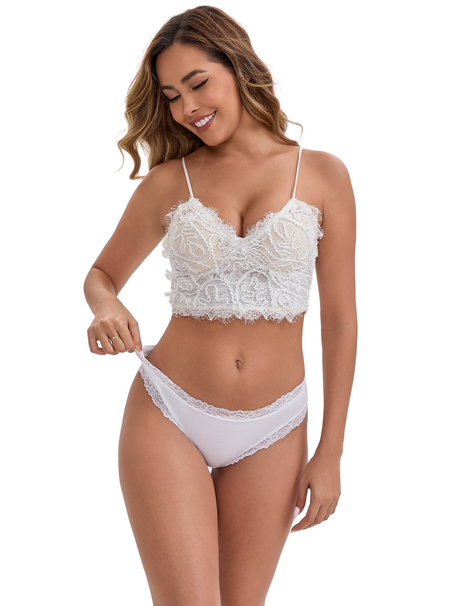 DARING DIVA Women's Lace Trim Cotton Ribbed Hipster Mid Waisted Panty M White