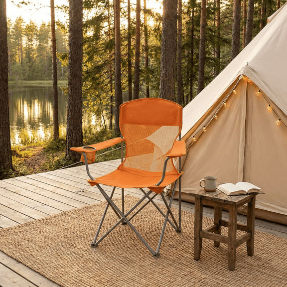 LIFERECORD Portable Camping Chair with Cup Holder & Side Pocket, Lightweight Folding Outdoor Chair for Beach, Fishing, Picnic, Heavy Duty 225LBS Capacity, Orange