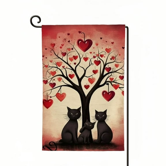 PHYHOO Garden Flag Double Sided Vertical, Burlap Small Be My Valentines Black Cat Couple Heart Yard Flag Banner Sign for Wedding Valentines House Outdoor Decoration (ONLY FLAG)