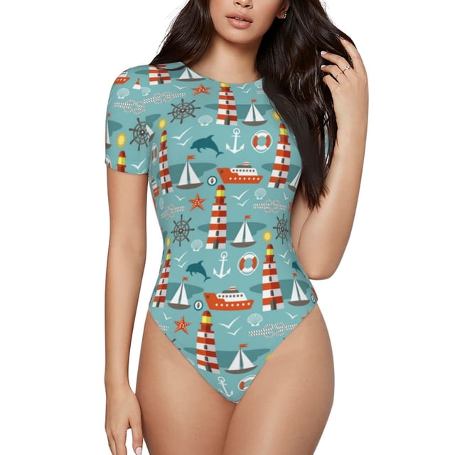 Saiise Pyjama une-Pièce à Manches Courtes pour Femmes à Motif de Phare Marin, Col Rond, Justaucorps Extensible avec Fermeture à Boutons-Pression - Petit