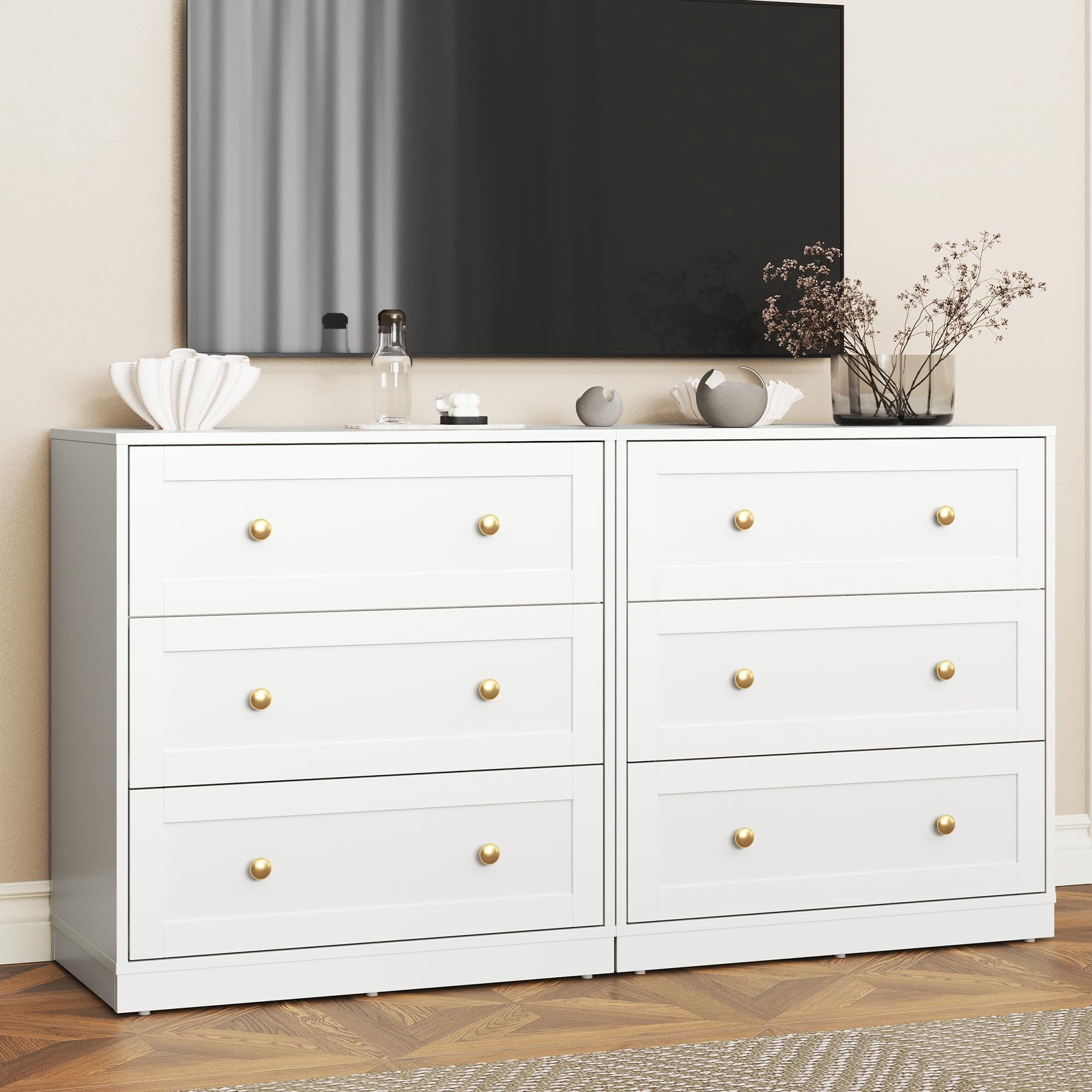 Heynemo Wood 3 Drawer Dresser, White Chest of Drawers with Gold Dresser Knobs, Modern Wide Dresser for Bedroom, Hallway, Entryway, Closets, Living Room