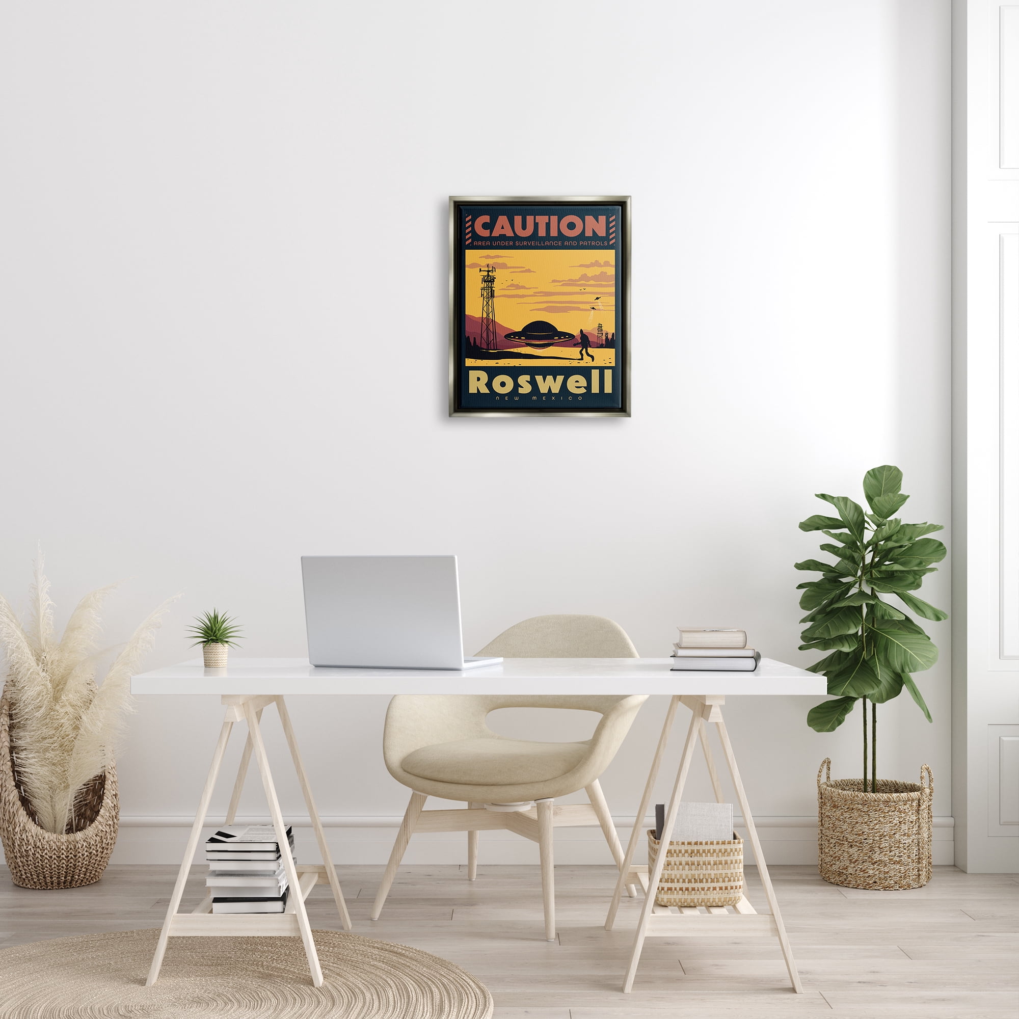 Stupell Industries Caution Roswell New Mexico UFO Travel & Places Painting Gray Floater Framed Art Print Wall Art
