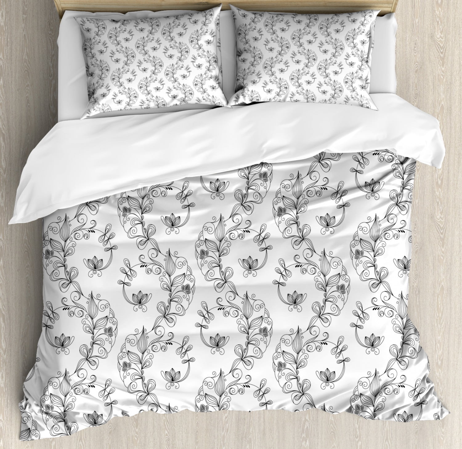 Black and White King Size Duvet Cover Set, Scroll and Swirls Pattern with Tiny Stems Full of ...