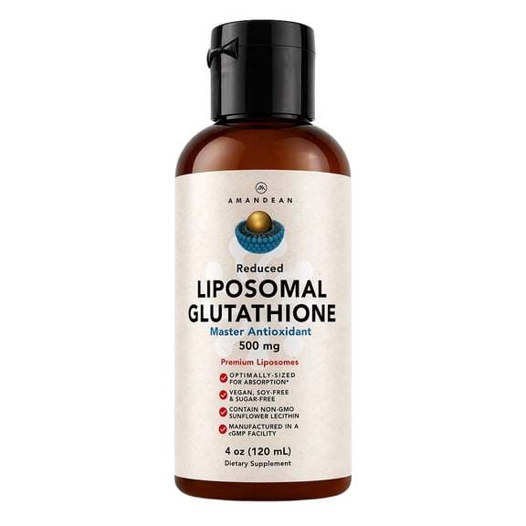 Amandean Liposomal Glutathione Supplement | Liquid Reduced Setria L Glutathione 500mg | Immune Support, Brain Function, Anti-Aging, Detox, Skin Health | Non-GMO Sunflower Lecithin | Soy-Free & Vegan