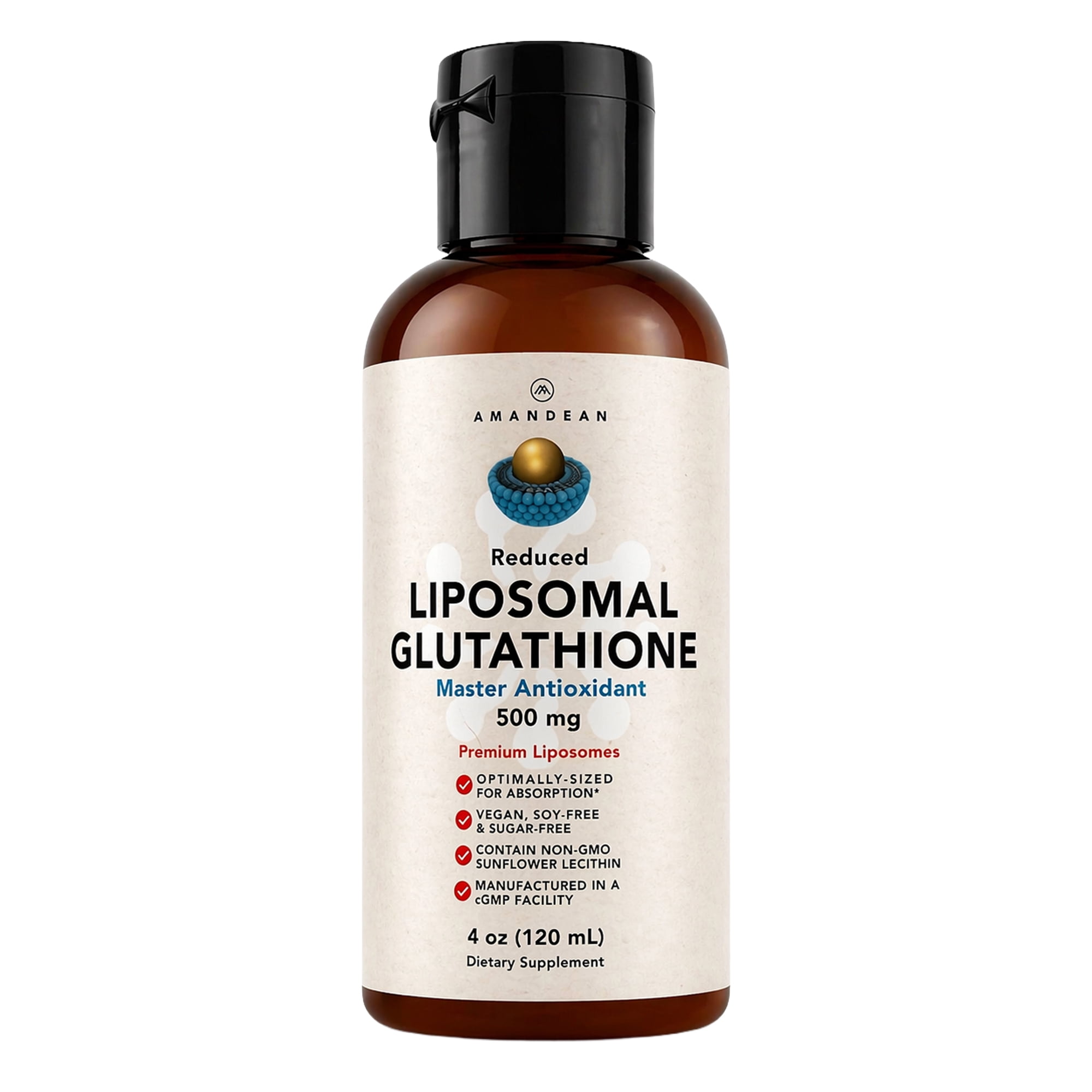 Amandean Liposomal Glutathione Supplement | Liquid Reduced Setria L Glutathione 500mg | Immune Support, Brain Function, Anti-Aging, Detox, Skin Health | Non-GMO Sunflower Lecithin | Soy-Free & Vegan