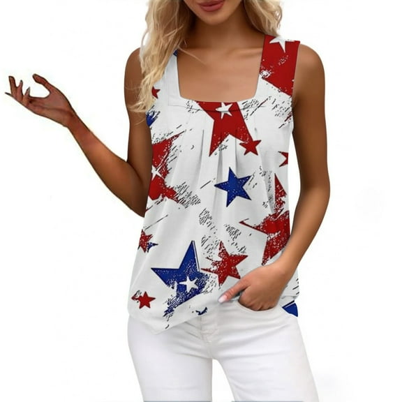 HEILAU 4th of July Tank Tops for Women Vest Ruffled Square Neck Printed Shirt 2025 Summer Casual Loose Sleeveless Cute T Shirt Patriotic Shirts