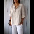 thumbnail image 4 of Camisa de y Algodón con Cuello en V para Mujer, 3/4 Enrollable, Informal, Holgada, , con Botones, para Verano Albaricoque 4XL, 4 of 7