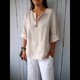 thumbnail image 4 of Camisa de y Algodón con Cuello en V para Mujer, 3/4 Enrollable, Informal, Holgada, , con Botones, para Verano Albaricoque 4XL, 4 of 7