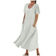thumbnail image 5 of Dxzfnsa Women's Maxi Dresses Women's Summer Crew Neck Solid Color Dresses Plus Size Loose Cotton Linen Long Dresses with Pockets, 5 of 6