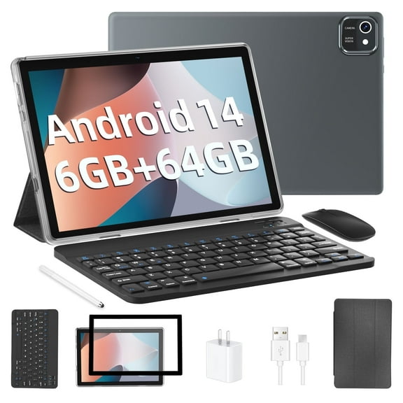 Tablet 10 inch Android 14 Tablets, 6GB RAM 64GB ROM 1TB Expand, Quad-Core Processor, 1280x800 LCD Touch Screen, WiFi 5, Dual Camera, BT5.0, 6000mAh Battery (Black)