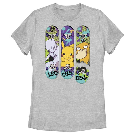 Women's Pokemon Mewtwo, Pikachu, and Psyduck Skateboard Decks Graphic Tee Athletic Heather Small