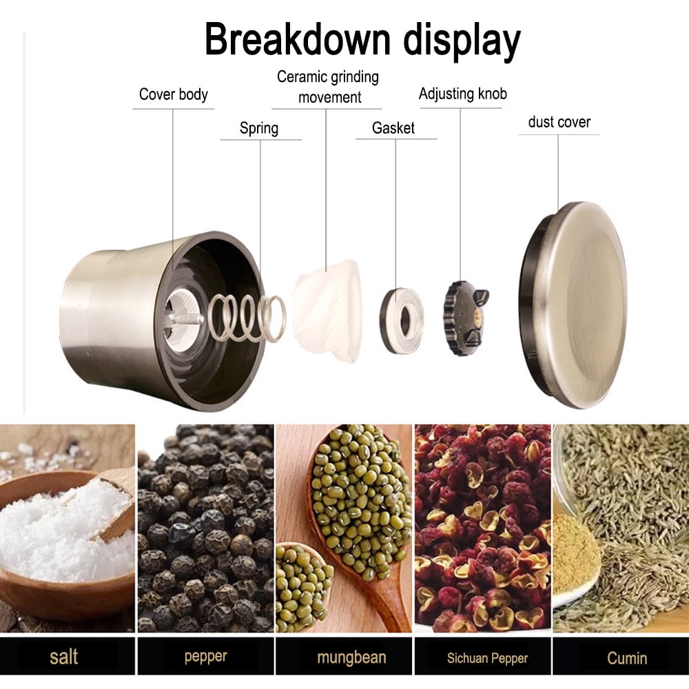 Pepper Grinder or Salt Shaker - Spice Mill with Brushed Stainless Steel, Adjustable Coarseness