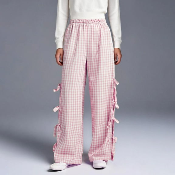 Delliss Girl's Plaid Bow Side Waist Track Pants Cute Wide Leg Trousers Summer Adjustable Full Length Pants