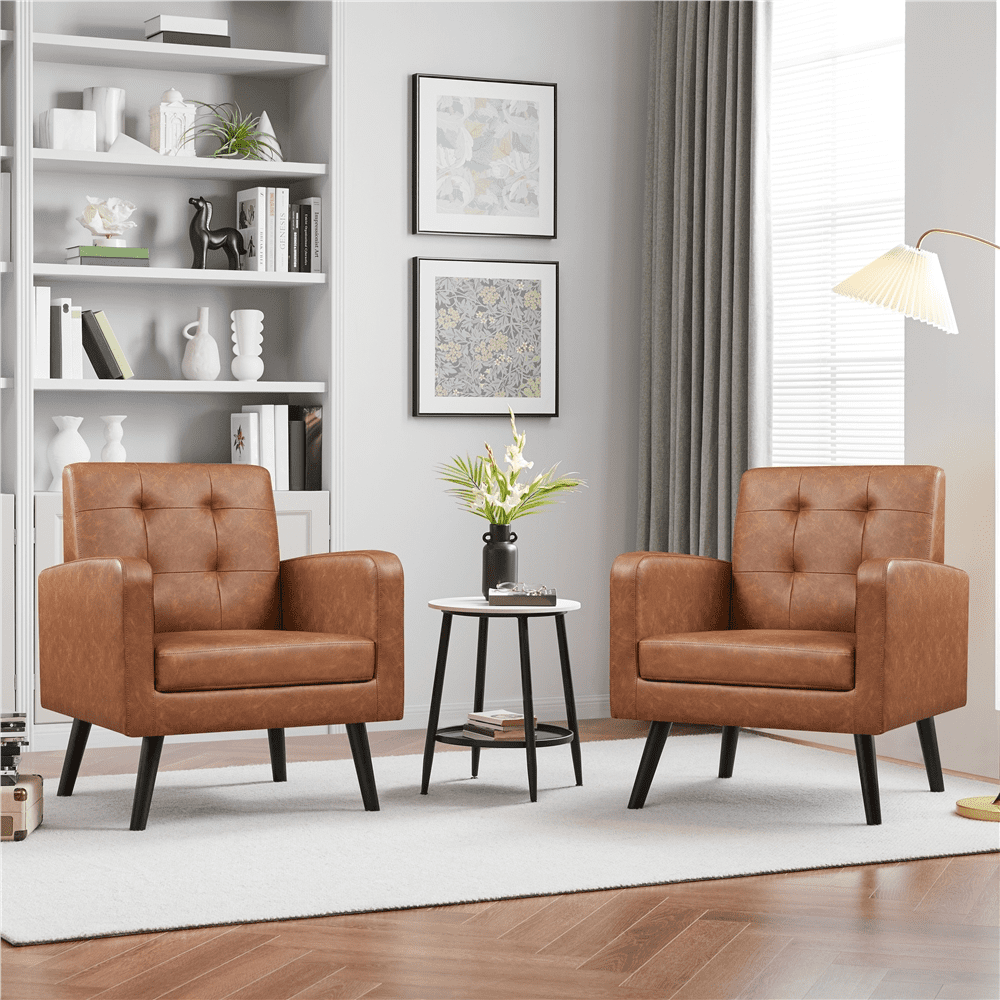 Alden Design Mid Century Modern Faux Leather Accent Chair with Solid Wood Legs, Set of 2, Retro Brown