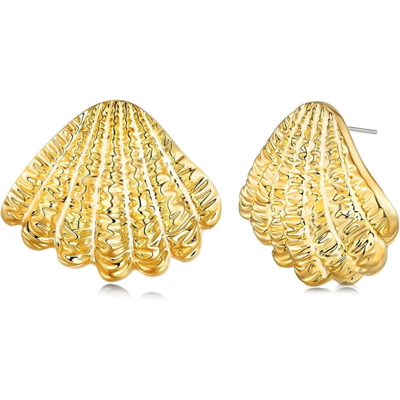 Gold Tone Textured Shell Stud Earrings for Women, Statement Fan Shape Post Back