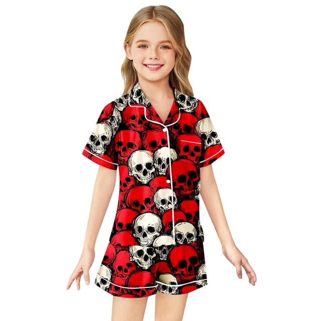Pyjama en Faux Soie Imprimé Halloween pour Filles Ensemble à Manches Courtes (2 13 Ans)