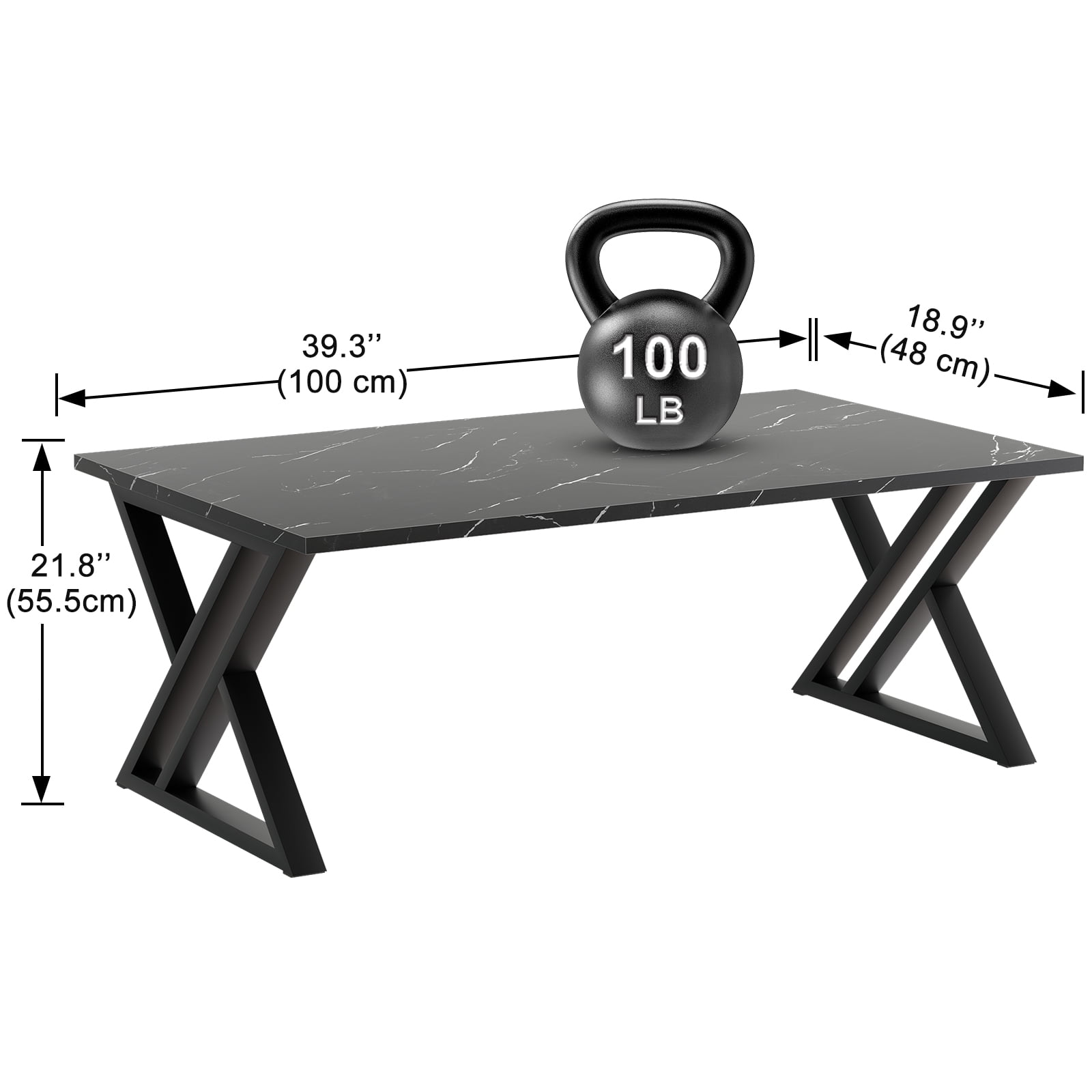 Coffee Table Living Room Table Black Center Table, Simple Modern Faux Marble Rectangular Tea Table with Sturdy Black-Finished Metal Frame