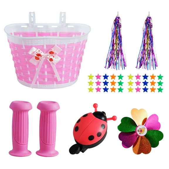 Buquapse 6Pcs Kids Bicycle Decoration Accessory Set, Bicycle Basket Streamers Set with 7 Star Ladybug Bell, Colorful Pinwheel, Handlebar Cover and Bicycle Wheel Star Decoration Accessory