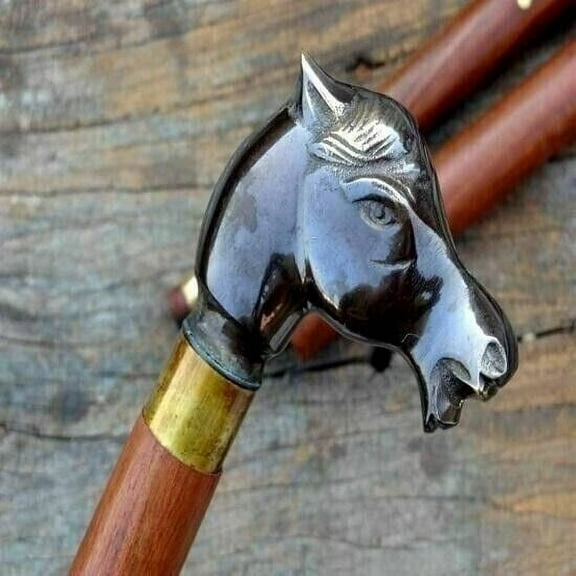 Antique Brass Horse Head Handle Victorian Folded Wooden Walking Stick Canes