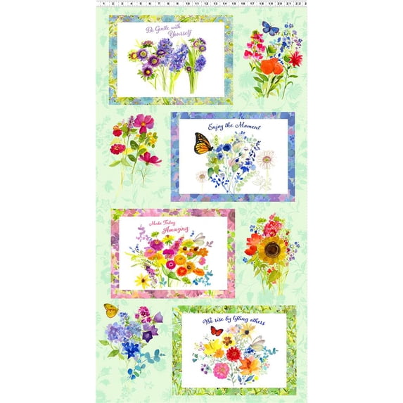 24" X 44" Panel My Happy Place Flowers Quotes Words Inspirational Sayings Floral Bouquets Butterflies Green Cotton Fabric Panel (Y3620-55MULTICOLOR)