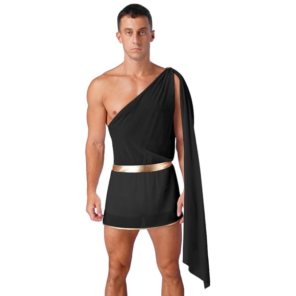 Raenseen Mens One Shoulder Greek Toga Short Jumpsuit Ancient Roman Knight Warrior Cosplay Costume Outfits Black XL