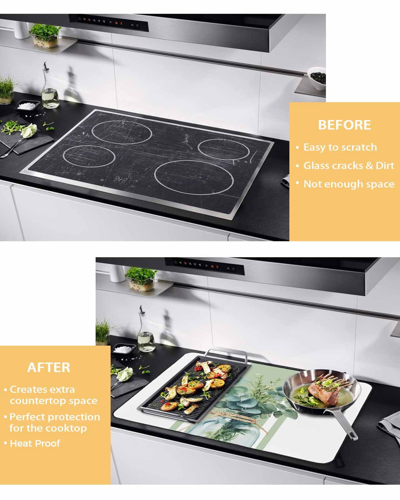 nqOlkjepod Large Induction Cooktop Protector Mat 24"x21", Sage Green Eucalyptus Leaves Stove Top Covers for Electric Stove, Farmhouse Stripe Botanical Stove Burner Cover Mats, Glass Top Stove Cover