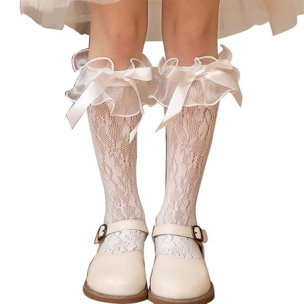 Calcetines hasta la rodilla de malla para niñas, medias hasta la pantorrilla de encaje Floral rosa con lazo de satén y ribete de volantes de Organza dulce de Lolita